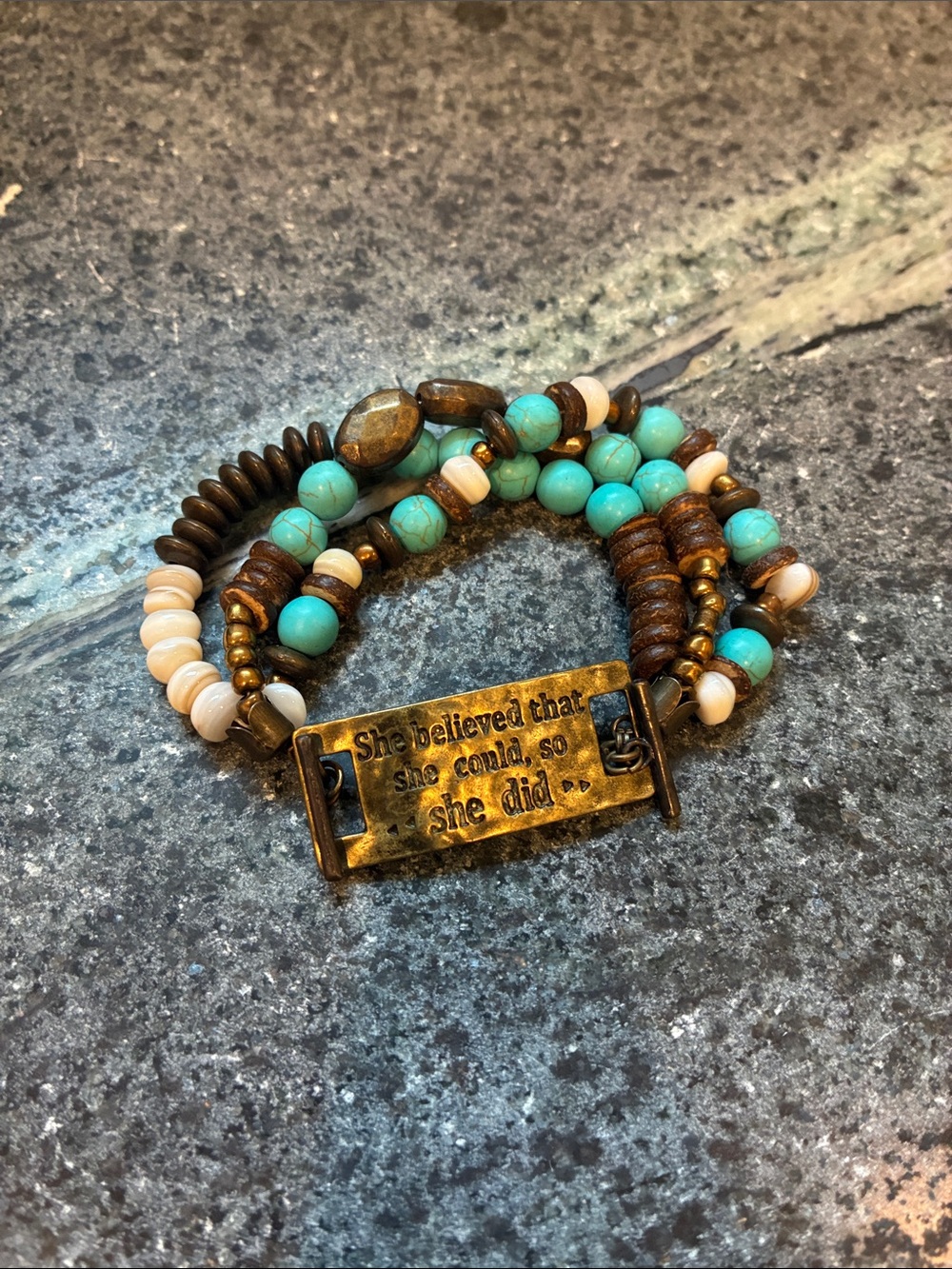 Inspirational Turquoise & Brown Beaded Bracelet - She Believed